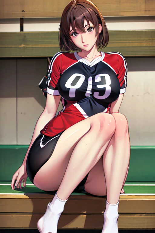 masterpiece, Highest quality, figure, Very detailed, Fine details, High resolution, 8k,wallpaper, Perfect dynamic composition,(Detailed high quality, Realistic depiction of eyes:1.3), Club Storage, Kneel, (short hair volleyball player, Volleyball Uniforms), Tight clothing, , Very large breasts, Black hair color, Big Natural Color Lip, Bold sexy pose, (Perfect figure), Putting on gal makeup, Sexy Face, Harajuku Style、20-year-old girl、Cute type、Lolita、Beautiful feet, Gravure idol pose