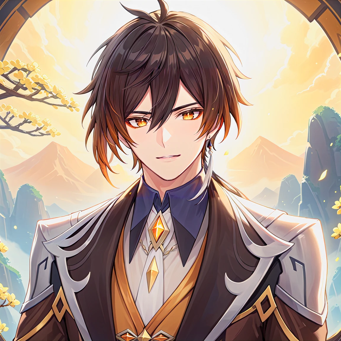 (best quality,4k,8k,highres,masterpiece:1.2),1boy, zhongli_/(archon/)_/(genshin_impact/),male focus,intricately detailed,realistic:.4,intense gold eyes,mature_male, narrow_waist,full body, by carnelian, cel shading, fantasy china background, liyue, mountains,look up at viewer, osmanthus flowers,male focus,solo,long hair,bangs,jewelry,earrings,ponytail,contemplative, thoughtful, calm, serene, red eyeliner, highly detailed eyes, volumetric lighting, sunset, golden illumination, wise and kind god,cinematic lighting, ray tracing, UHD, high details, high quality, award winning, super detail,vivid fantasy painting,hd color,seductive eyes,sexy eyes,narrowed eyes,lowered lashes,handsome man,small iris,honkai star rail character,godly,hot asian man,asian eyes,red eyeliner,blade from honkai