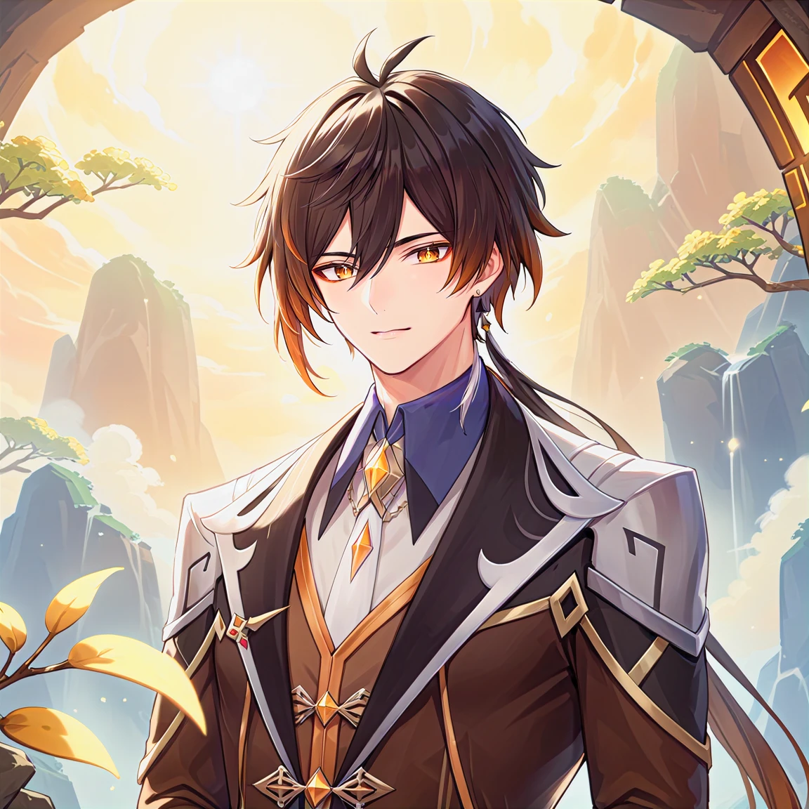 (best quality,4k,8k,highres,masterpiece:1.2),1boy, zhongli_/(archon/)_/(genshin_impact/),male focus,intricately detailed,realistic:.4,intense gold eyes,mature_male, narrow_waist,full body, by carnelian, cel shading, fantasy china background, liyue, mountains,look up at viewer, osmanthus flowers,male focus,solo,long hair,bangs,jewelry,earrings,ponytail,contemplative, thoughtful, calm, serene, red eyeliner, highly detailed eyes, volumetric lighting, sunset, golden illumination, wise and kind god,cinematic lighting, ray tracing, UHD, high details, high quality, award winning, super detail,vivid fantasy painting,hd color,seductive eyes,sexy eyes,narrowed eyes,lowered lashes,handsome man,small iris,honkai star rail character,godly,hot asian man,asian eyes,red eyeliner,blade from honkai