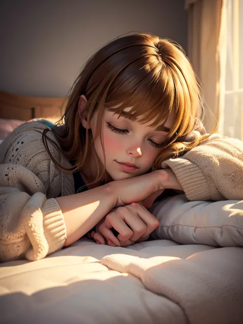 a girl sleeping on a white bed, soft bedding, peaceful, relaxing, serene, tranquil, (best quality,4k,8k,highres,masterpiece:1.2)...