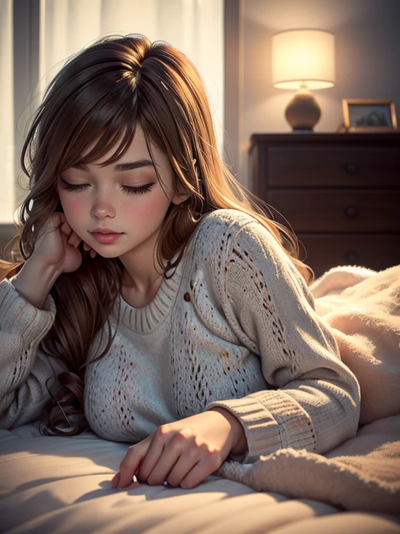 a girl sleeping on a white bed, soft bedding, peaceful, relaxing, serene, tranquil, (best quality,4k,8k,highres,masterpiece:1.2),ultra-detailed,(realistic,photorealistic,photo-realistic:1.37),HDR,UHD,studio lighting,ultra-fine painting,sharp focus,physically-based rendering,extreme detail description,professional,vivid colors,bokeh,peaceful bedroom interior,warm lighting,cozy atmosphere