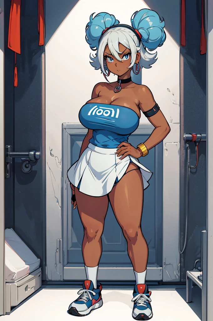 (masterpiece, best quality, high resolution, (pokemon style) ((huge breasts)) 1 girl, very short white hair, afro, light blue eyes, strapless t-shirt, miniskirt, long stockings, sneakers, ((dark skin )), bracelets, hoop earrings, choker,(white background,)), ((full body standing)),
