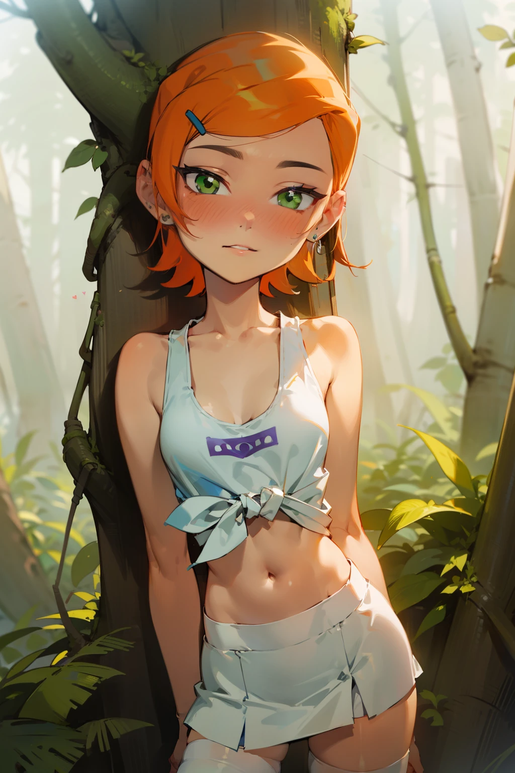 (Masterpiece), Best Quality, ultra-detailed, 1girl (Gwendolyn_Tennyson, breasts, orange hair, short hair, green eyes), a face in love, weary smile, parted lips, nose blush, blush  , looking at viewer, solo, white tank_top (tied), navel, purple skirt, ultra mini skirt, white thighhighs,  forest,  standing,  Sexy waist teasing,  cowboy shots 