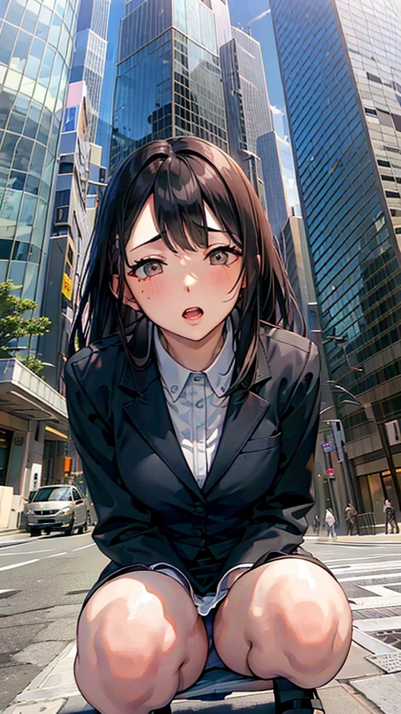 Shooting from below,office Street,Skyscrapers in the background,blue sky,all fours,Kneel,masterpiece,quality,High resolution,高quality,Realistic,Random hairstyle,business suit,Pencil Skirt,Black jacket,White collared shirt,whole body,Forehead,Ahegao,Big eyes,Embarrassed face,Fair skin,Thighs,High heels:1.3,panty drop:1.5