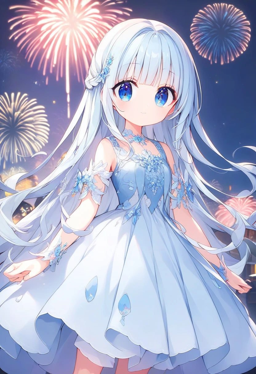 masterpiece, best quality, extremely detailed, (illustration, official art:1.1), 1 girl ,(((( light blue long hair)))), ,(((( light blue long hair)))),light blue hair, , long hair ((blush)) , cute face, big eyes, masterpiece, best quality,(((((a very delicate and beautiful girl))))),Amazing,beautiful detailed eyes,blunt bangs((((little delicate girl)))),tareme(true beautiful:1.2), sense of depth,dynamic angle,,,, affectionate smile, (true beautiful:1.2),,(tiny 1girl model:1.2),)(flat chest) ,((Fireworks display seen from a higher place:1.5))，(Lots of 10-shakudama fireworks fill the sky:1.53)，Fireworks display beyond imagination，innocent smiles，Girl in the sky，Never seen，Seven colors,(1girl in)，(Cute smile)，(The clothes are intricate dresses with a white base:1.4)，(Lots of light particles spin around the girl) ，(Best Impact:1.5)， (maximalism:1.7),，Vivid contrast， (Realistic),，hyperrealistic illustrations,，hight resolution,，ultra-detailliert,，absurderes，(Fractal Art:1.3)，Braided hairstyle，Gradient long hair，FULL BODYSHOT，Photographing the sky from below，Precise focus，randome pose，cinema4d，Drama
