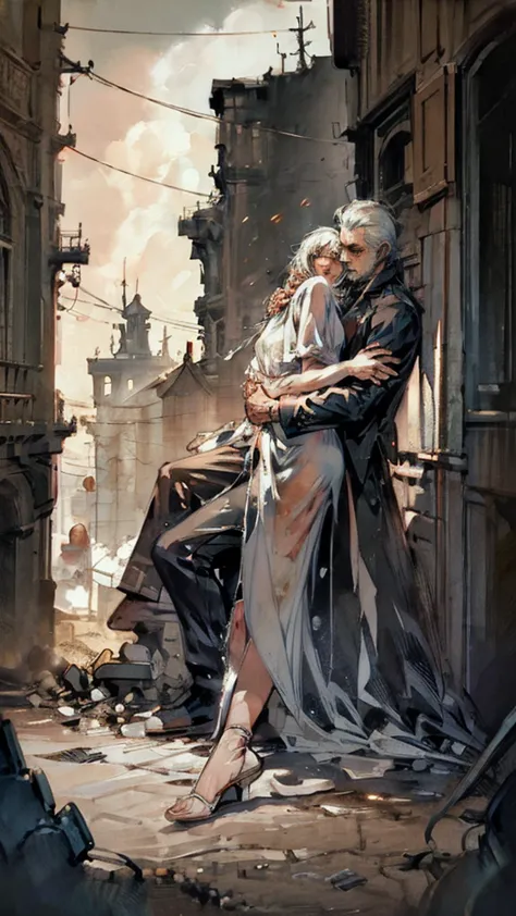 (masterpiece, ultra hd), (detailed), (novel illustrasion) a handsome man with white hair cries blood while embracing a woman wit...