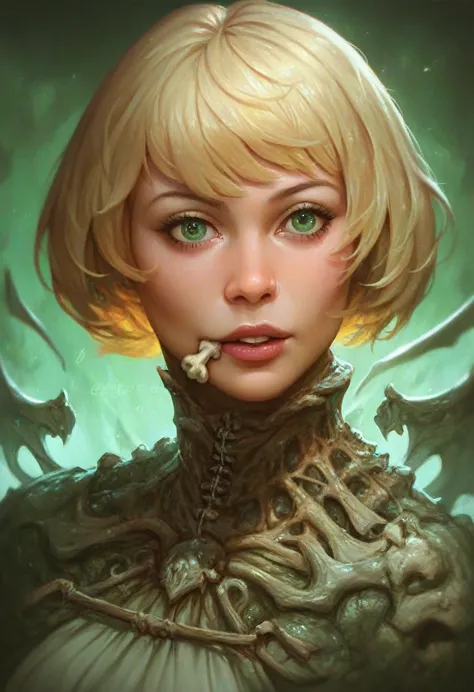 a close up of a woman with a very large body and wings, blonde hair, short hair, green eyes, black biologic armo, bone tail, por...