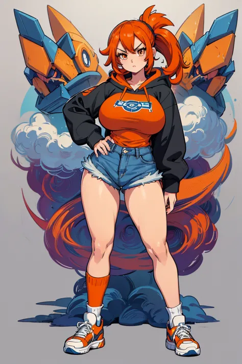 (masterpiece, best quality, high resolution, (pokemon style) ((huge breasts))1 girl, very short and messy orange hair, orange ey...