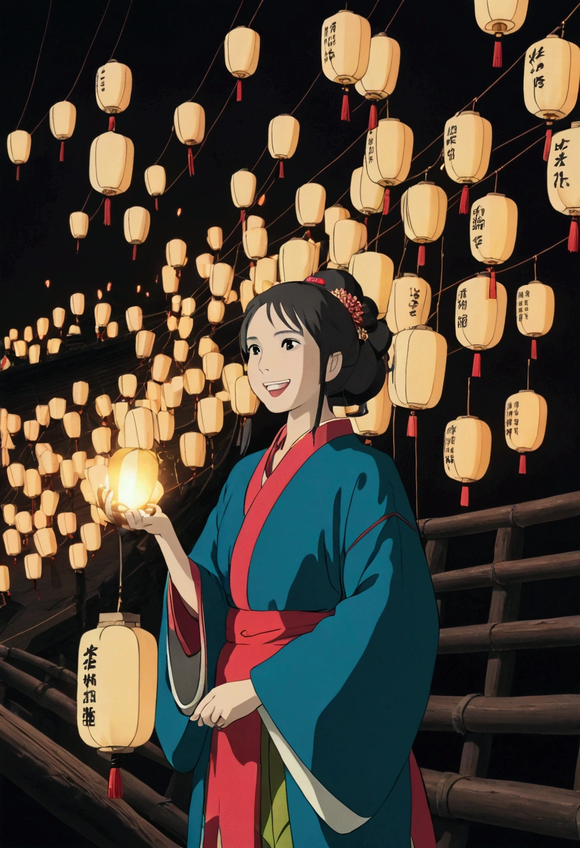 Ghibli　firework，Really beautiful girl，Laughing，Hanfu，View the lanterns