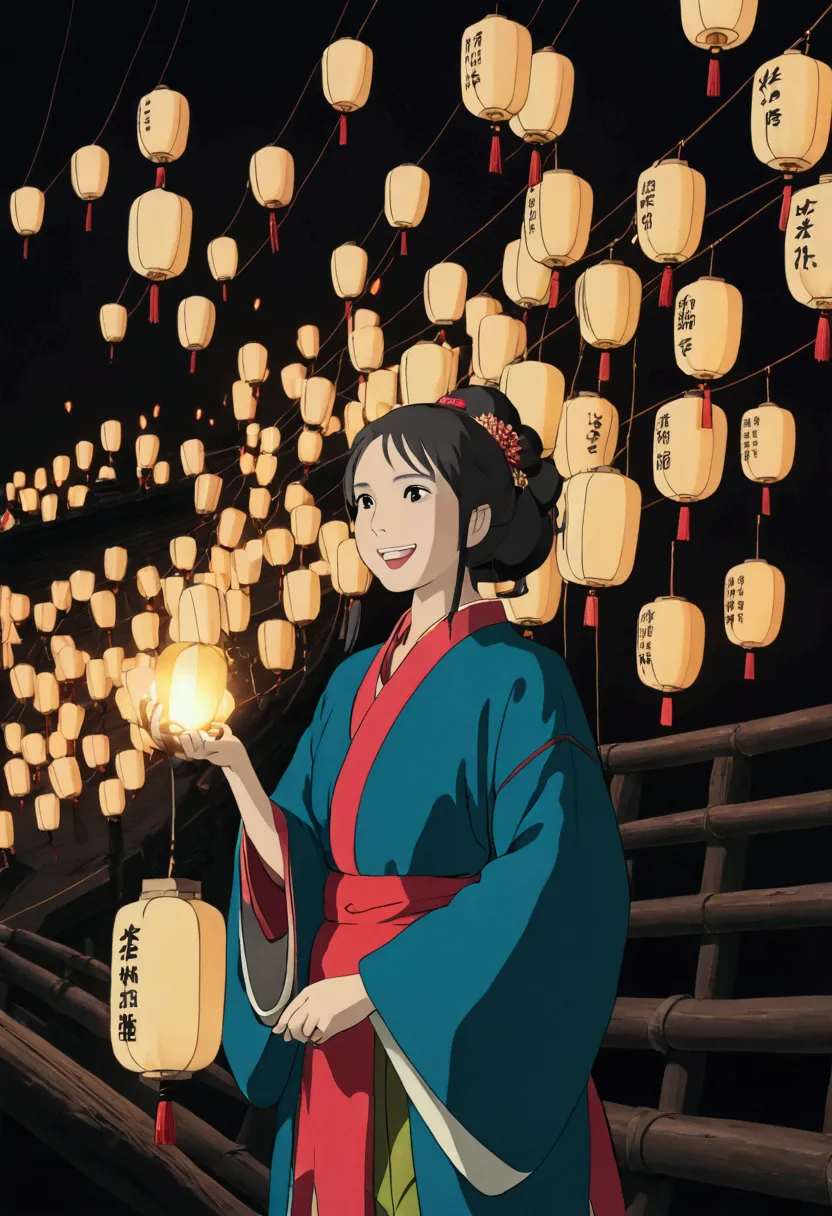 ghibli　firework，really beautiful girl，laughing，hanfu，view the lanterns