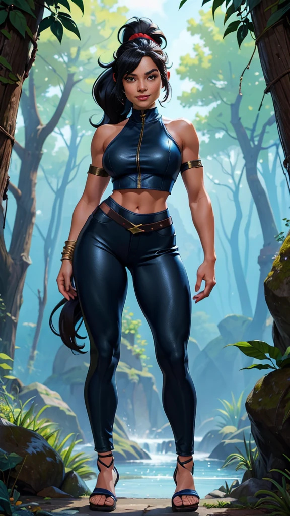 Solo, female, slightly muscular, slightmuscle, big blue eyes, fantasy outfit, forest, pants, cropped jacket, modest clothingBlack hair, Black curly long hair in a ponytail, light eyes, tall and Toned woman, Red and blue outfit Barbarian woman, full body, aesthetic, beautiful woman,fantasy clothing, (masterpiece, best quality:1.2), solo, 1girl, smile, looking at viewer, ponytail, sandals, bare arms, no sleeves