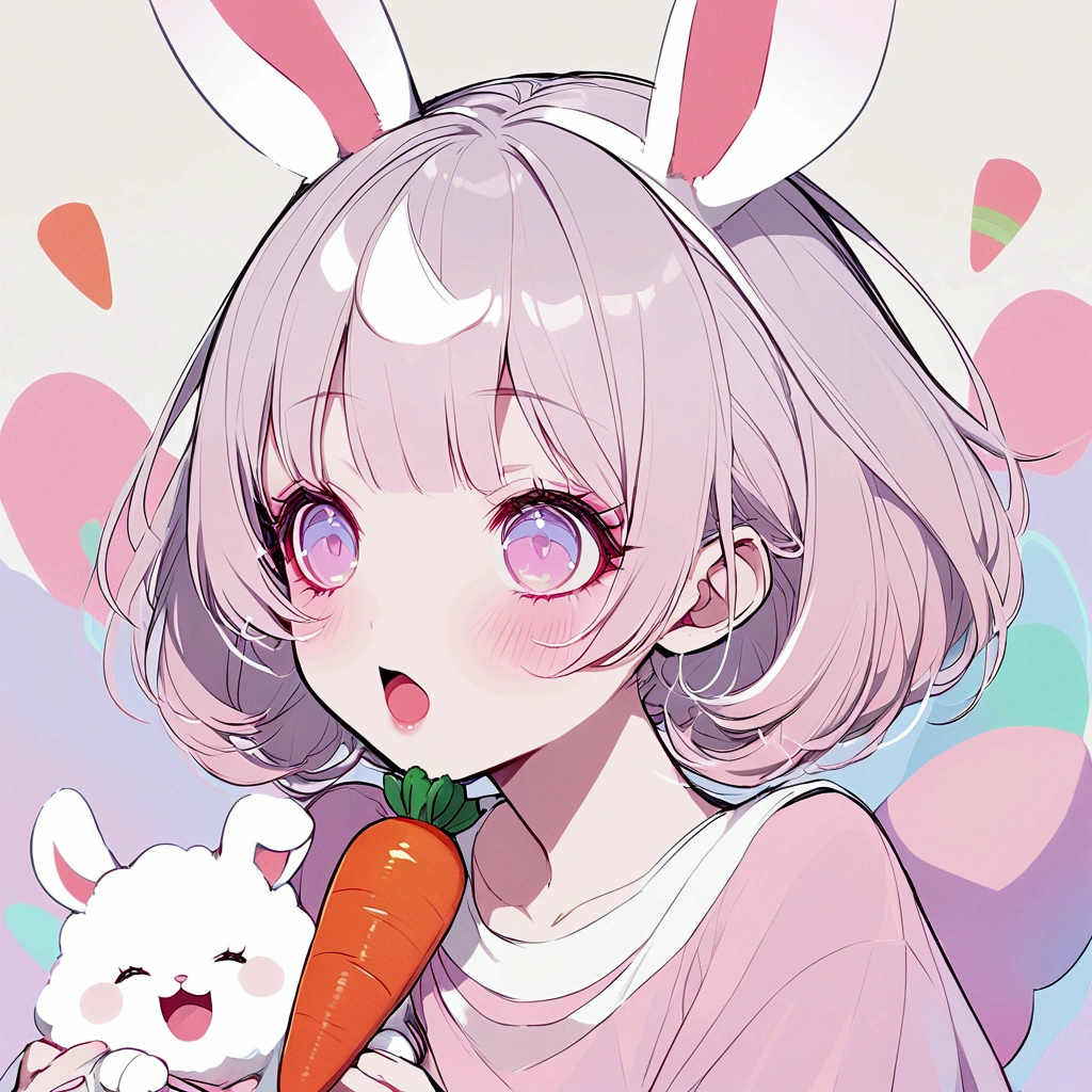 Girl, white hair, albino, beautiful, pastel pink shirt, pastel colors, lipgloss, brat, wide mouth, ethereal, submissive, white bunny ears, cute, fluffy ears, sweet, carrot