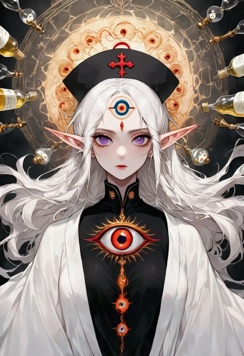 gothic dark art，(((lord nether，独奏，third eye on the forehead，elf ears))),(((robe：1.6，eye diagram，dark pattern))).(((nurse hat，inf...