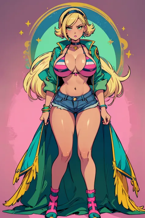 (masterpiece, best quality, high resolution, (pokemon style) ((huge breasts))1 woman, very short blonde hair, green eyes, pink l...