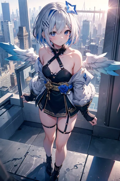 on top of a building、overlooking the city、a fleeting expression、short hair、small wings、shot from above、concept art、masterpiece、h...