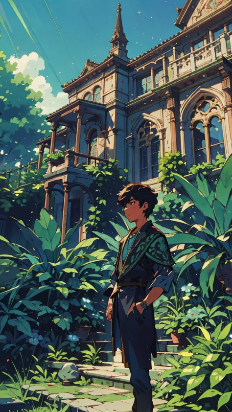 A solitary teenager stands amidst lush, verdant foliage in the garden of a grand Victorian-style house. The turquoise leaves of ...