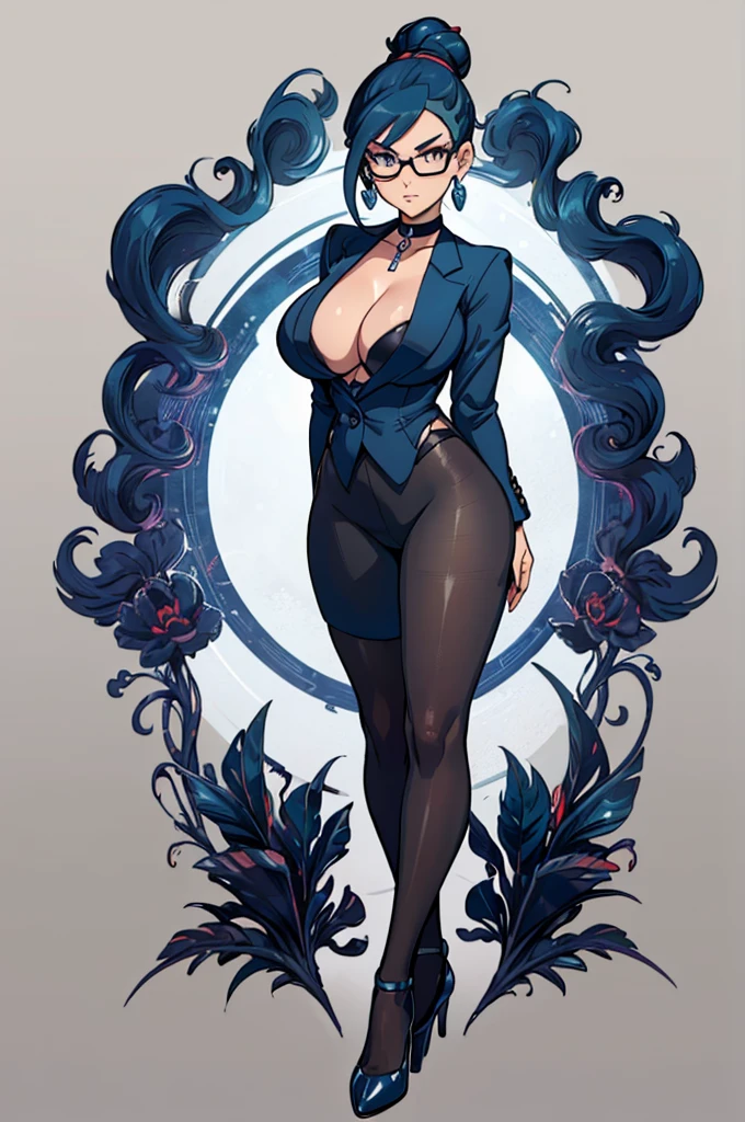 (masterpiece, best quality, high resolution, (pokemon style) ((huge breasts))1 mature woman,dark blue hair tied in a bun, glasses, black business suit, black heels, pantyhose, earrings, choker, cleavage, serious posture ,((white background,)) , ((full body standing)),
