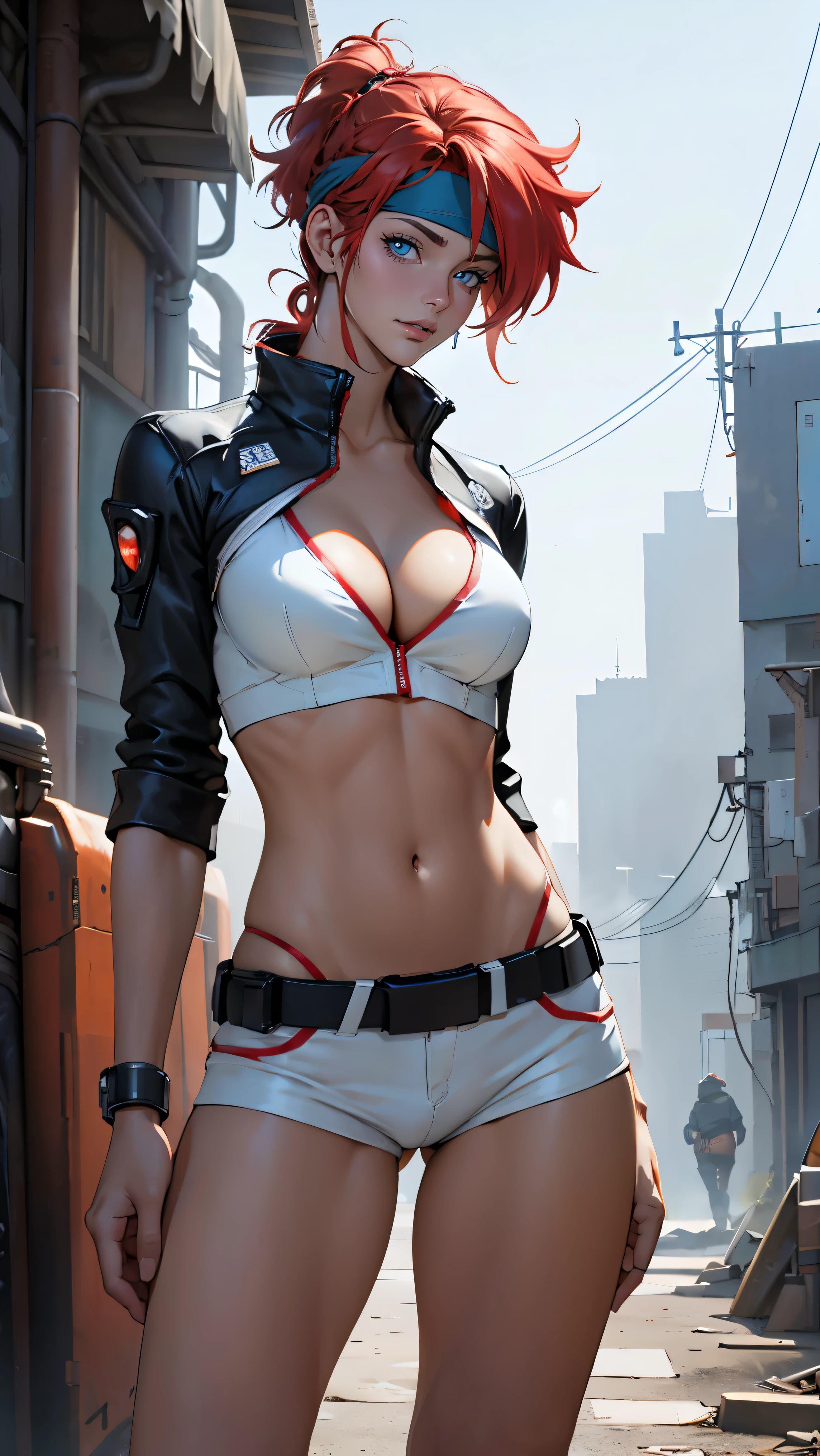 ((Masterpiece, highest quality; 1.3)), super quality, beautiful detail, super detailed, extra fine, 16K, exquisite, absurd, high resolution, beautiful background, detailed background, beautiful eyes, beautiful skin, anime style, Kay from Dirty Pair in a white outfit, tight outfit, cleavage, bushy redhead beauty, very light blue uniform, wearing tight clothes, skimpy, (mid chest: 1.2), cleavage, cleavage, slim waist , thin waist, slim thighs, thin legs, slim legs. thigh gap, showing stomach, skinny, thin hips, cyberpunk city background, holding retro space gun , headband, 