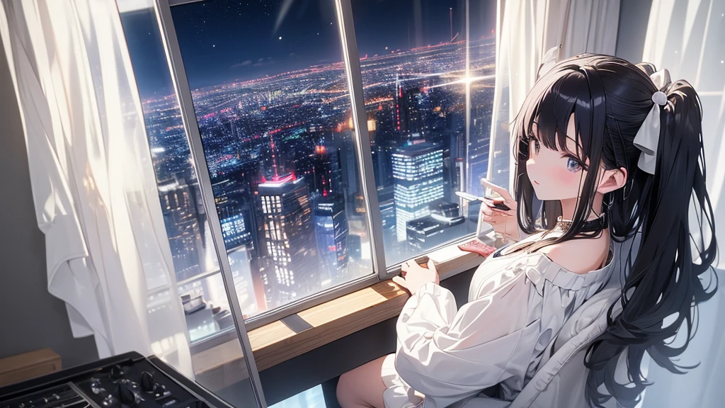 Ultra-high resolution, 8k, (Masterpiece, beautifully、mysterious:1.2), Works by Makoto Xin Haicheng, Lo-fi feel, Perfect human body engineering, 1 female, 光りSparkling Eyes, Sparkling Eyes, Idol, White ruffled dress, Shiny long black hair, Larger than average bust, Listening to music through headphones, Looking out the window, A room with musical instruments, city view from the window, Impressive cityscape, Bright Sky, meteor, Wide angle, Before dusk