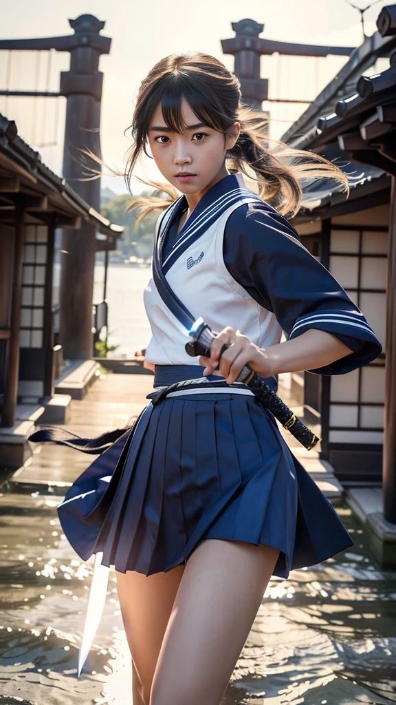 (Ultra HD, Highest quality, High resolution, Hyperrealistic, super beautiful), 24000dpi, Beautiful woman, Long Tail, Well-formed eyes, Eyesight max, 18-year-old, Alluring, Completely American, perfect body, Physical Beauty, ((Japanese blue sailor uniform, Navy blue mini skirt, serafuku)), (((2 foot knife, He is carrying an electric Japanese sword., Two-Way))), Blue Lightning, Charge Move, Special move stance, All in one, Dance, whole body