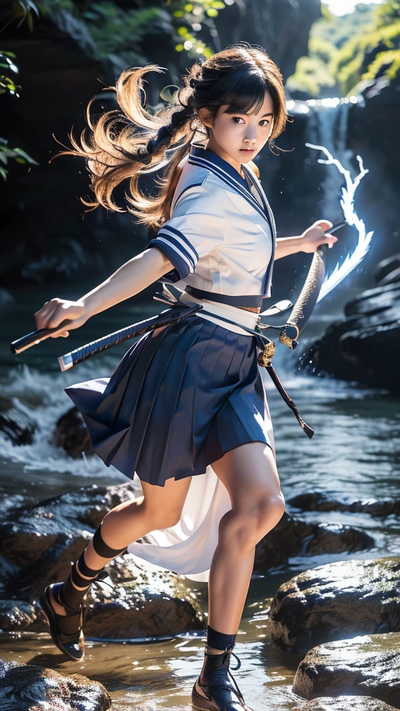 (Ultra HD, Highest quality, High resolution, Hyperrealistic, super beautiful), 24000dpi, Beautiful woman, Long Tail, Well-formed eyes, Eyesight max, 18-year-old, Alluring, Completely American, perfect body, Physical Beauty, ((Japanese blue sailor uniform, Navy blue mini skirt, serafuku)), (((2 foot knife, He is carrying an electric Japanese sword., Two-Way))), Blue Lightning, Charge Move, Special move stance, All in one, Dance, whole body