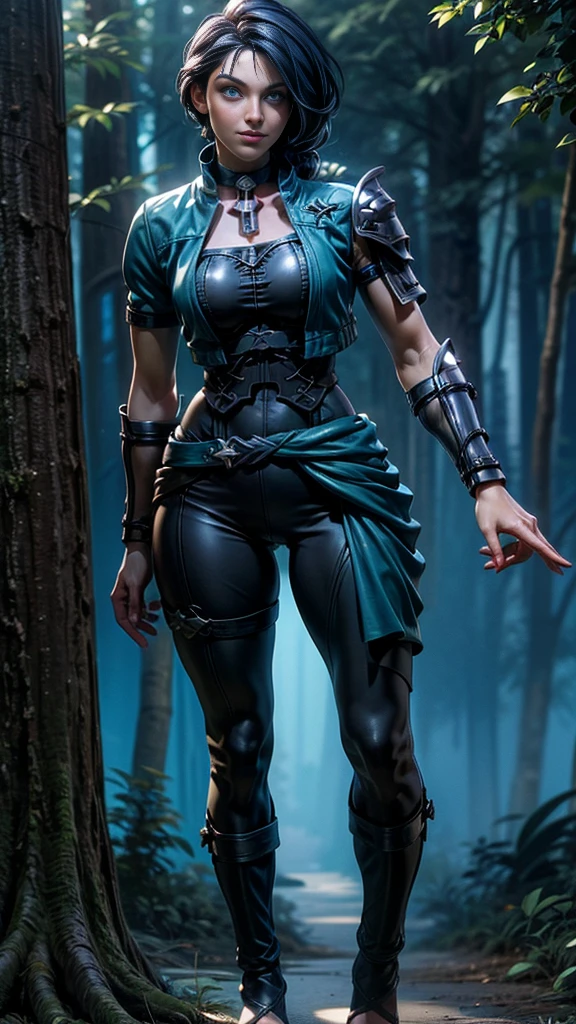 Solo, female, slightly muscular, slightmuscle, big blue eyes, fantasy outfit, forest, pants, cropped jacket, modest clothingBlack hair, Black curly long hair in a ponytail, light eyes, tall and Toned woman, Red and blue outfit Barbarian woman, full body, aesthetic, beautiful woman,fantasy clothing, (masterpiece, best quality:1.2), solo, 1girl, smile, looking at viewer, ponytail, sandals, bare arms, no sleeves, baggy pants, 