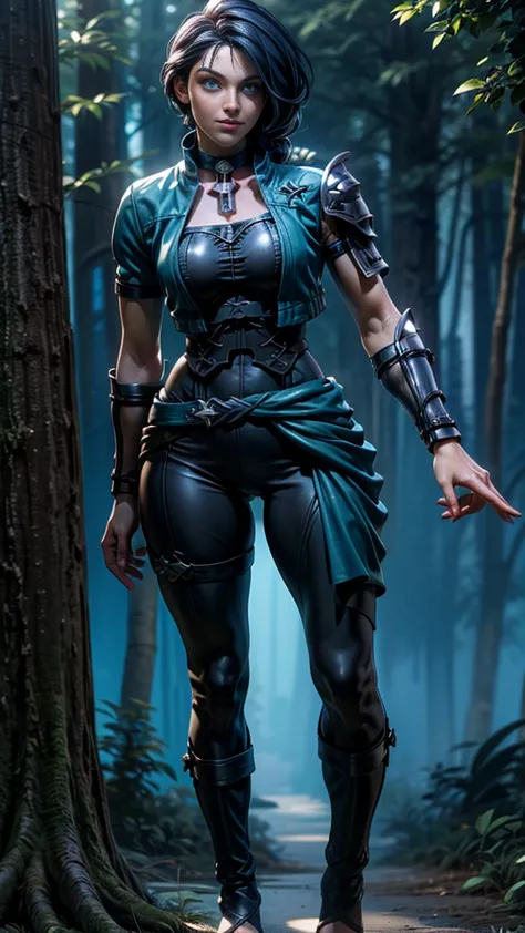 Solo, female, slightly muscular, slightmuscle, big blue eyes, fantasy outfit, forest, pants, cropped jacket, modest clothingBlac...