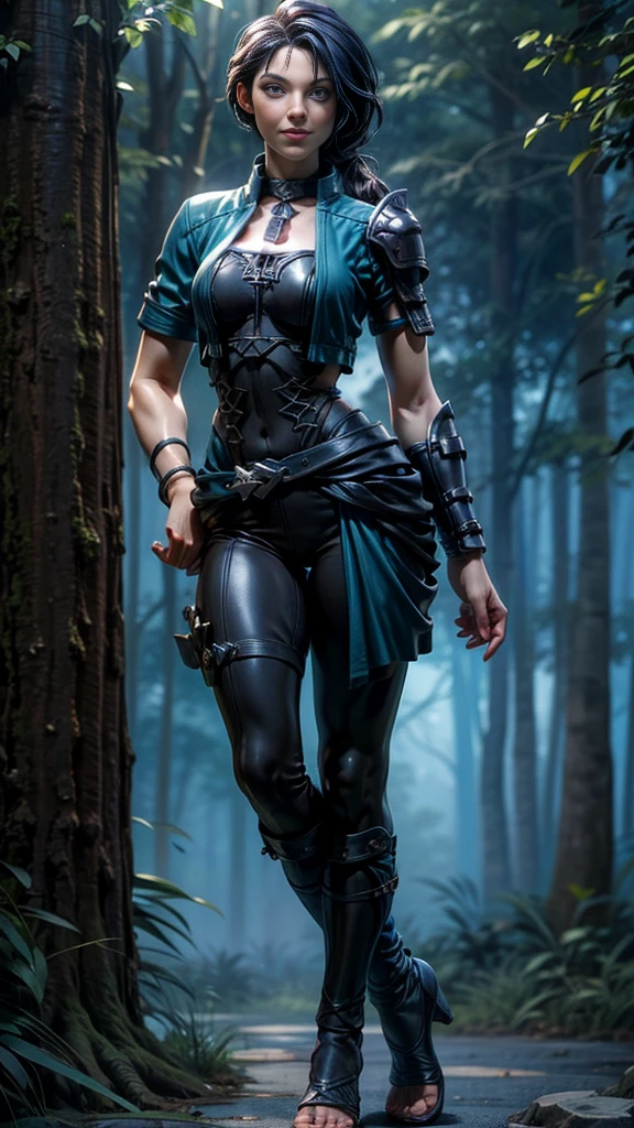 Solo, female, slightly muscular, slightmuscle, big blue eyes, fantasy outfit, forest, pants, cropped jacket, modest clothingBlack hair, Black curly long hair in a ponytail, light eyes, tall and Toned woman, Red and blue outfit Barbarian woman, full body, aesthetic, beautiful woman,fantasy clothing, (masterpiece, best quality:1.2), solo, 1girl, smile, looking at viewer, ponytail, sandals, bare arms, no sleeves, baggy pants, 