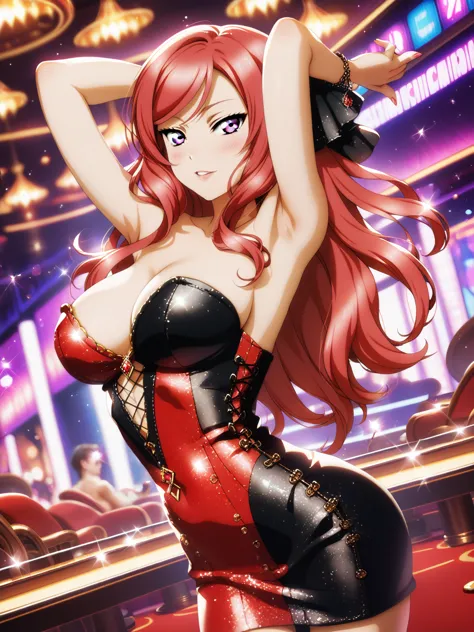 masterpiece, best quality,solo, nishikino maki,red hair, purple eyes,sexy strapless dress, standing , arms up , armpits,sexual s...