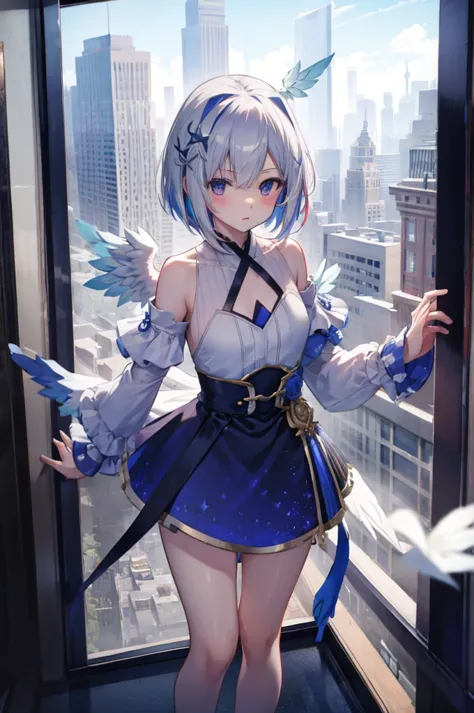 on top of a building、overlooking the city、a fleeting expression、short hair、small wings、shot from above、concept art、masterpiece、h...