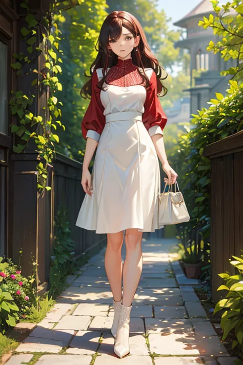 ((masterpiece, best quality, ultra-detailed)), beautiful woman walking through garden, red blouse, white midi pencil skirt, blac...