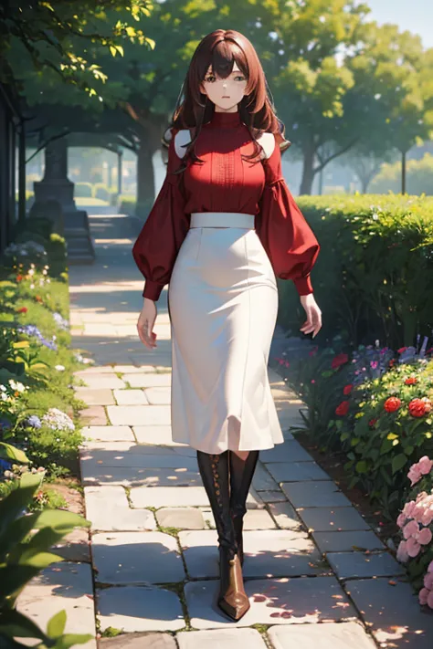 ((masterpiece, best quality, ultra-detailed)), beautiful woman walking through garden, red blouse, white midi pencil skirt, blac...