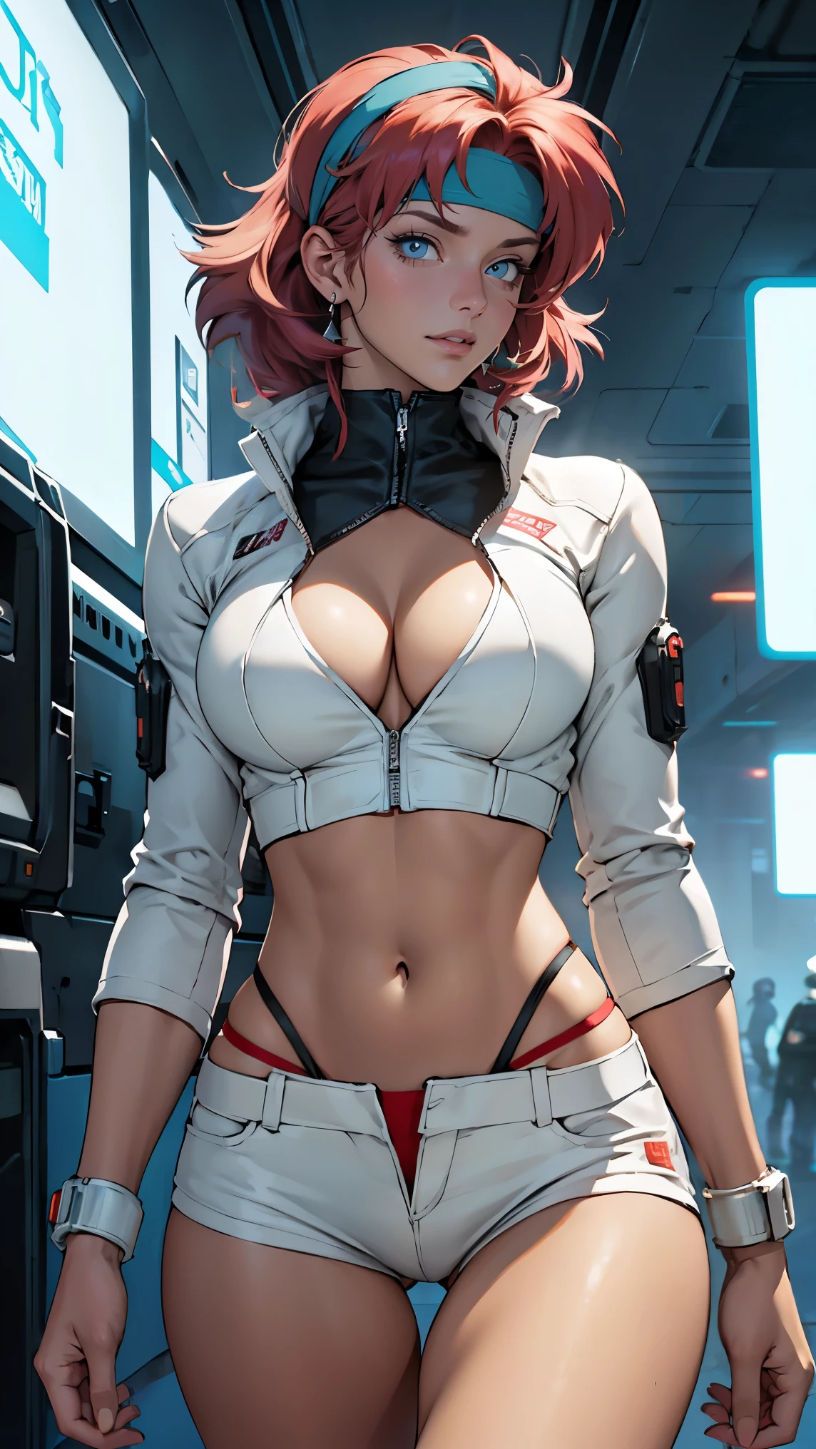 ((Masterpiece, highest quality; 1.3)), super quality, beautiful detail, super detailed, extra fine, 16K, exquisite, absurd, high resolution, beautiful background, detailed background, beautiful eyes, beautiful skin, anime style, Kay from Dirty Pair in a white outfit, tight outfit, cleavage, bushy redhead beauty, very light blue uniform, wearing tight clothes, skimpy, (mid chest: 1.2), cleavage, cleavage, slim waist , thin waist, slim thighs, thin legs, slim legs. thigh gap, showing stomach, skinny, thin hips, cyberpunk city background, holding retro space gun , headband, 