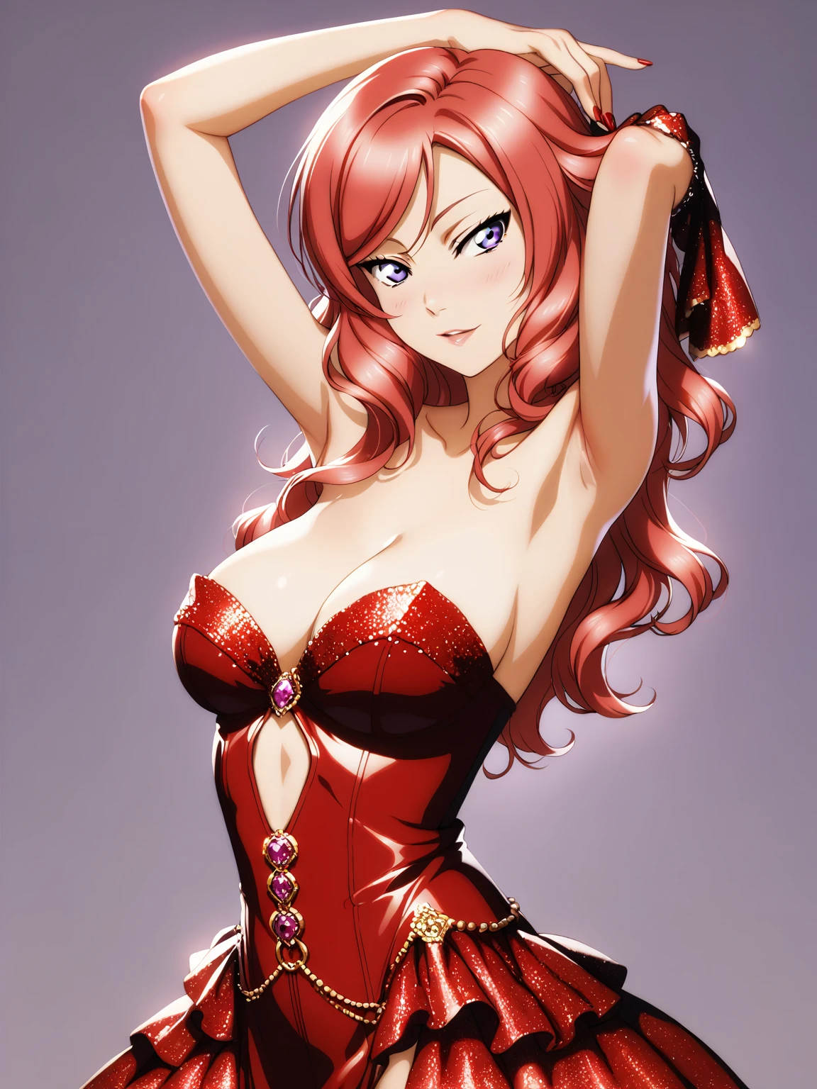 masterpiece, best quality,solo, upper body,nishikino maki,red hair, purple eyes,sexy strapless dress, standing , arms up , armpits,Sexual seduction, sexualised , simple background, busty breasts 