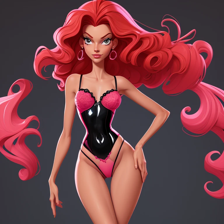 A sexy cartoon woman in pink lingerie posing gracefully for a photo, sexy lingerie beauty, wavy red hair, lingerie, inverted triangle body type, Waist slender, cebelos black sexy girl, mulher de corpo inteiro, wearing sexy lingerie, beautiful seductive woman, slender figure, cartoon vector style, corpo pin-up, Broad Hips
