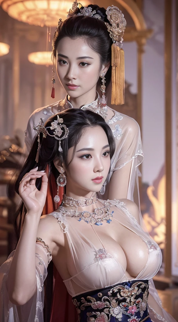 masterpiece, best quality, 1 girl, ((Large Breasts)， Long hair，(Siamese transparent black silk)，(Jewelry forms three circles on the breasts, )，Looking at the audience, (precise、Perfect face shape:1.3)，（Beautiful five fingers），(Crotch front display)，Ultra HD，Ray Tracing,，reflected light， Correct structure，The award-winning，High Detail，Reduce shadow contrast，Facial lighting ，Cinema Lighting，masterpiece，Super Detail，high quality，High Detail， best quality，16K，High contrast，Close-up of woman, A young woman plays, Chinese Empress, yun ling, song nan li, , gujian,  zhao yun, Chinese Princess