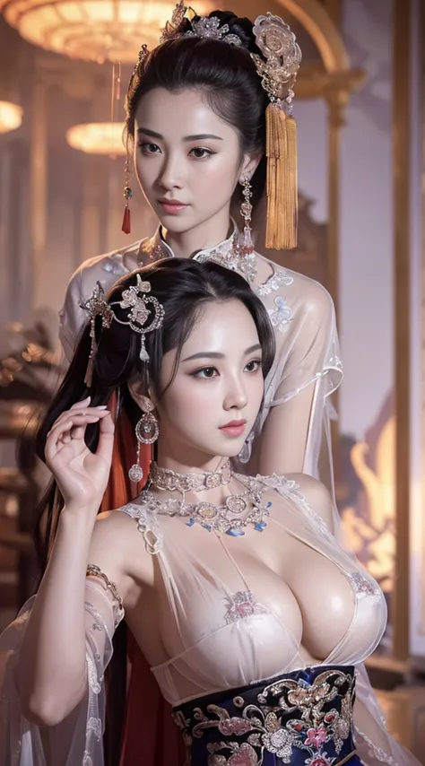 masterpiece, best quality, 1 girl, ((large breasts)， long hair，(siamese transparent black silk)，(jewelry forms three circles on ...