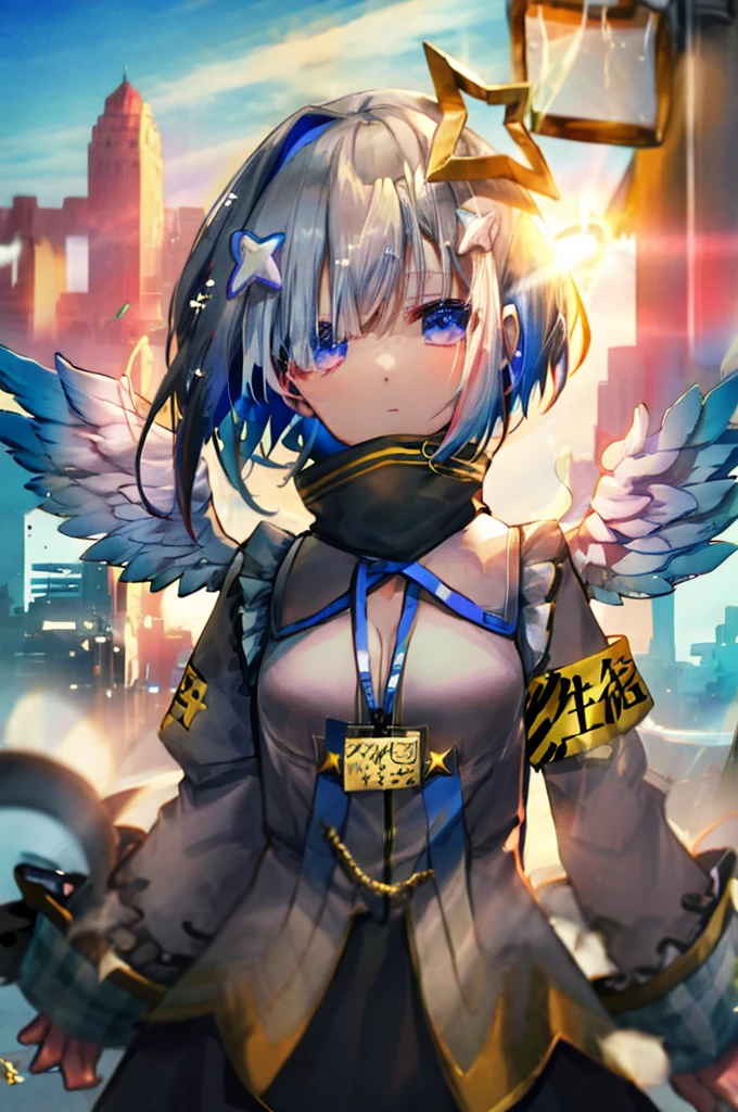 On top of a building、Overlooking the city、A fleeting expression、short hair、Small Wings、Shot from above、Concept Art、masterpiece、high resolution、Small breasts、Dynamic Angles