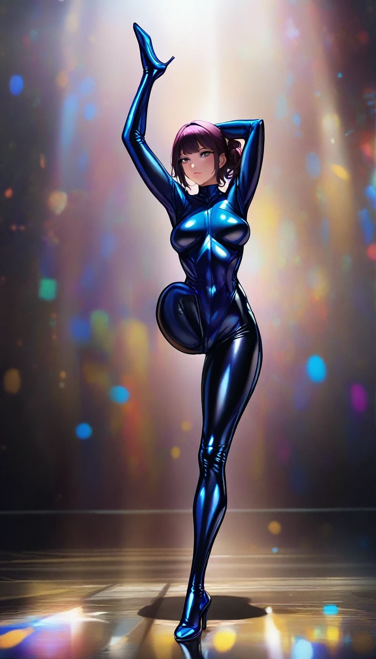 One girl, alone,Are standing_Split,whole body,photograph, photographrealistic, (masterpiece, Highest quality:1.2), Beautiful woman in shiny patent leather bodysuit, Shiny color ink bodysuit, expensive_Big Breasts