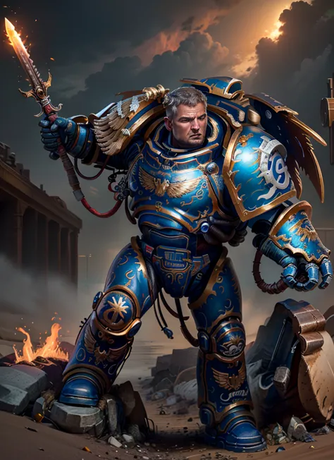 1man
masterpiece, detailed, realistic, digital art, octane render, guilliman, weapon, holding weapon, solo, full body, wasteland...