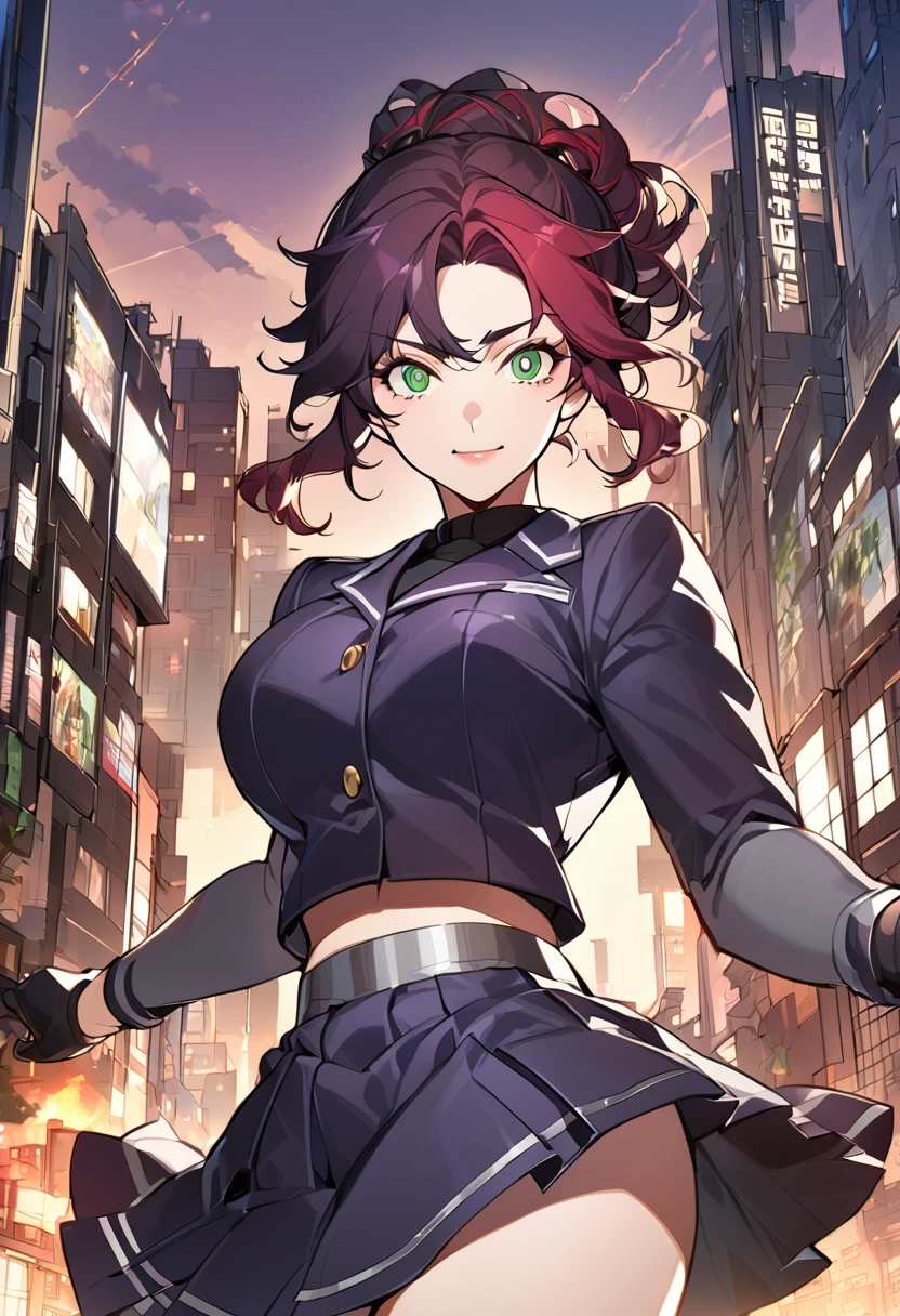 Anime, 1 girl, solo, kimtag, mush hairstyle, red-violet colored hair, Green eyes, expressive eyes, half-smile, busty, firm strong body, student uniform, metallic spiked, gloves, Waist chains, medium skirt, background destroied city