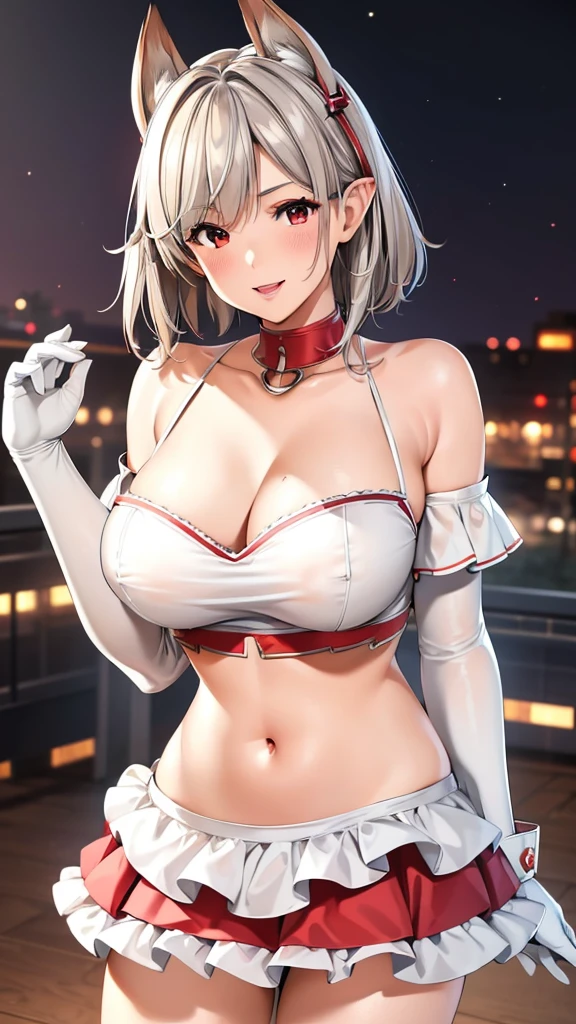 8k，best quality，masterpiece，Very detailed，Semi-realistic，a girl，White off-shoulder top，White gloves，White and red striped tight skirt，Silver wavy short hairstyle，Red eyes，Makeup Eyeshadow，Lipstick，Smile，science fiction apocalypse，Fighter warehouse，chest mecha，Large Breasts，Ears with sky wire