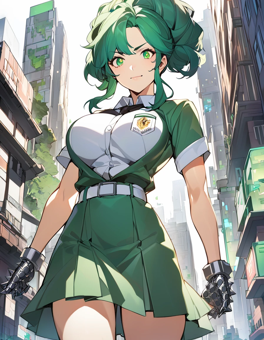 Anime, 1 girl, solo, kimtag, fuzzy hairstyle, vivid-green colored hair, Green eyes, expressive eyes, half-smile, busty, firm strong body, student uniform, metallic spiked gloves, Waist chains, medium skirt, background destroied city