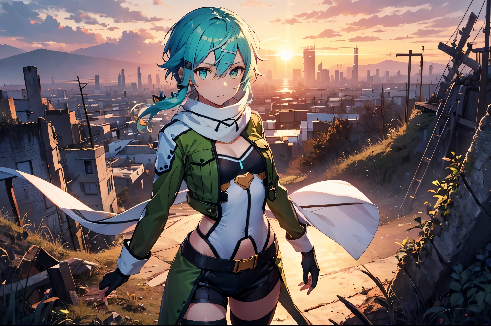 (masterpiece), best quality, expressive eyes, perfect face, highres, sinon1, scarf, fingerless gloves, long sleeves, short shorts,groin, hair ornament, hairclip, green thighhighs, green jacket,covered_nipples, thigh strap, field, sunset_ruin_landscape_background, ruined structures, dynamic_posing, looking at the viewer, ,covered_navel,solo