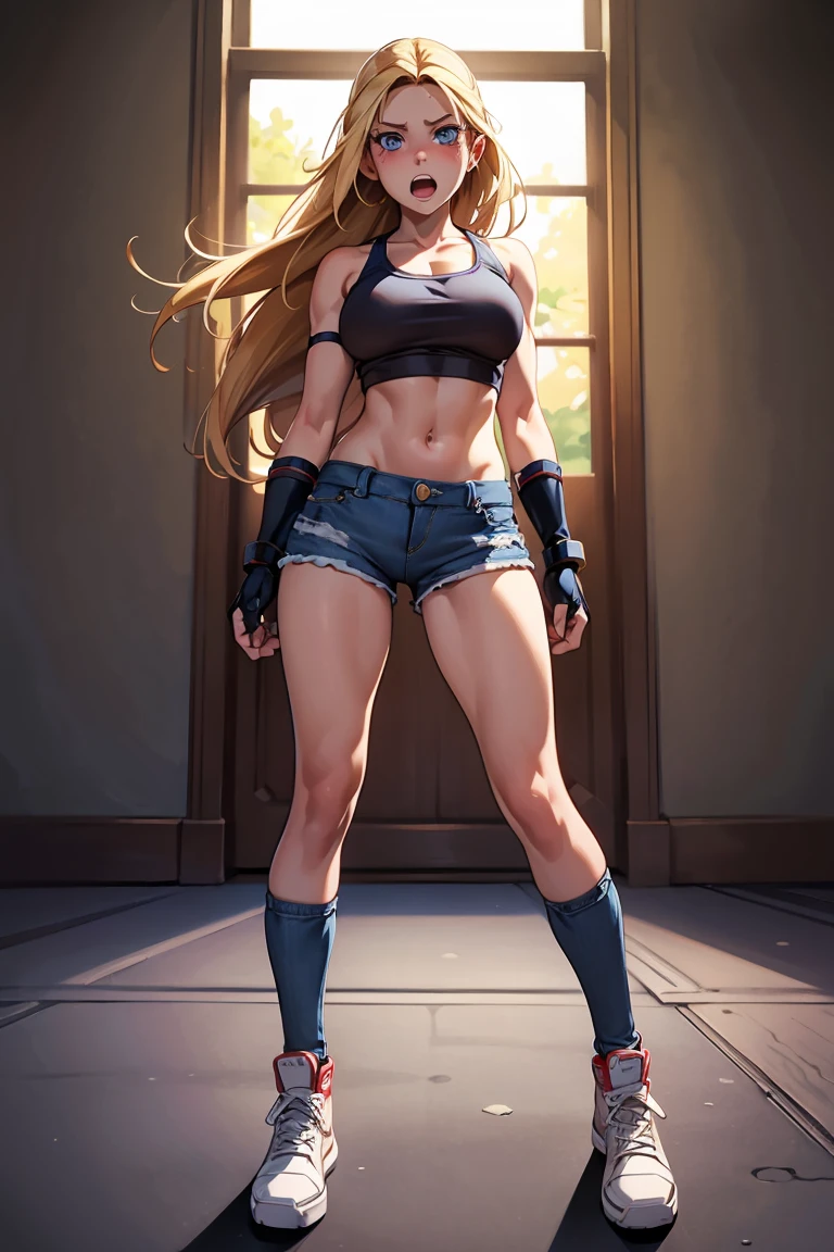 (work of art), best qualityer, expressive eyes, face perfect, high resolution, (8k), (face perfect), (ultra details), 1 girl, standing alone, garota terry bogard, hair blonde, hypdertailed, blue colored eyes, long hair, boné de baseball, gloves fingerless, shorts jeans, shoe, hands on one&#39;s chest
, blushful, afraid, anguished, With open mouth, background of the room, we don&#39;t put, standing, portraite, looking to the down