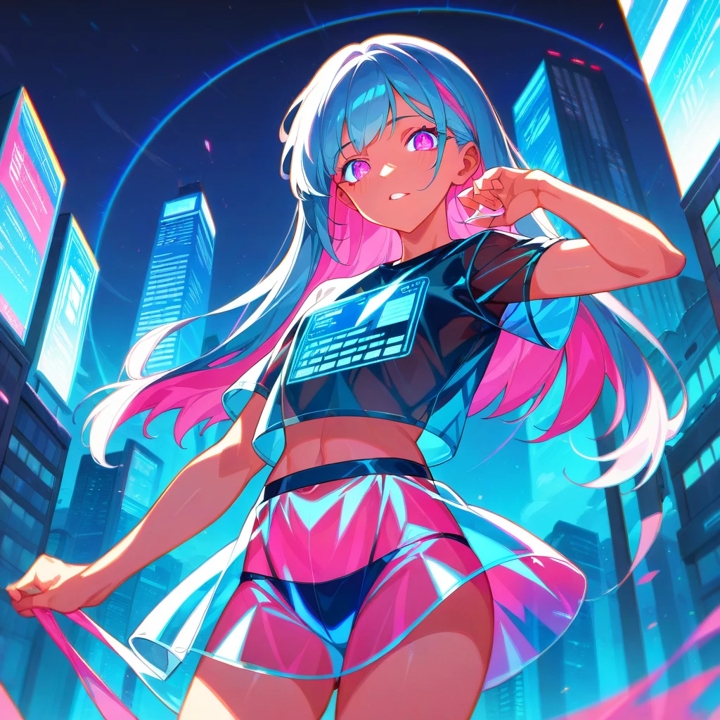 score_9_up, score_8_up, score_7_up, score_6_up, source_anime，intense angle、1girl、2d, flat、Transparent color PVC clothing, Transparent Color Vinyl Clothing, Prismatic, Holographic, chromatic aberration, Fashion Illustration,City、Night view