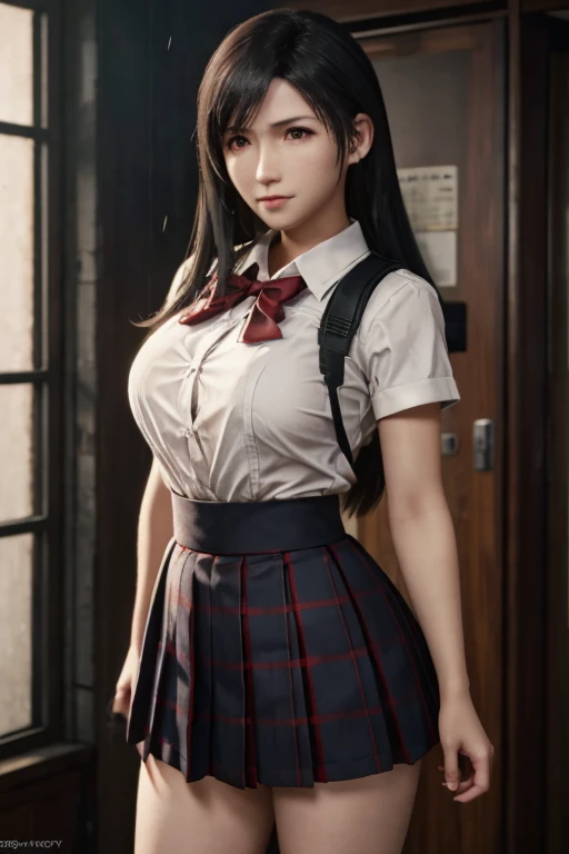 school girl uniform , steam , rain , plaid skirt , pleated skirt , The shirt is tight. , white shirt , school girl , red bow , red knot , highly detailed photo of Tifa Lockhart posing, final fantasy 7 remake, red eyes, intricate, highres, 8k, detailed hair, detailed skin, masterpiece, very long hair,  award-winning photography, sharp focus, dramatic lighting, unreal engine 5, full body shot 