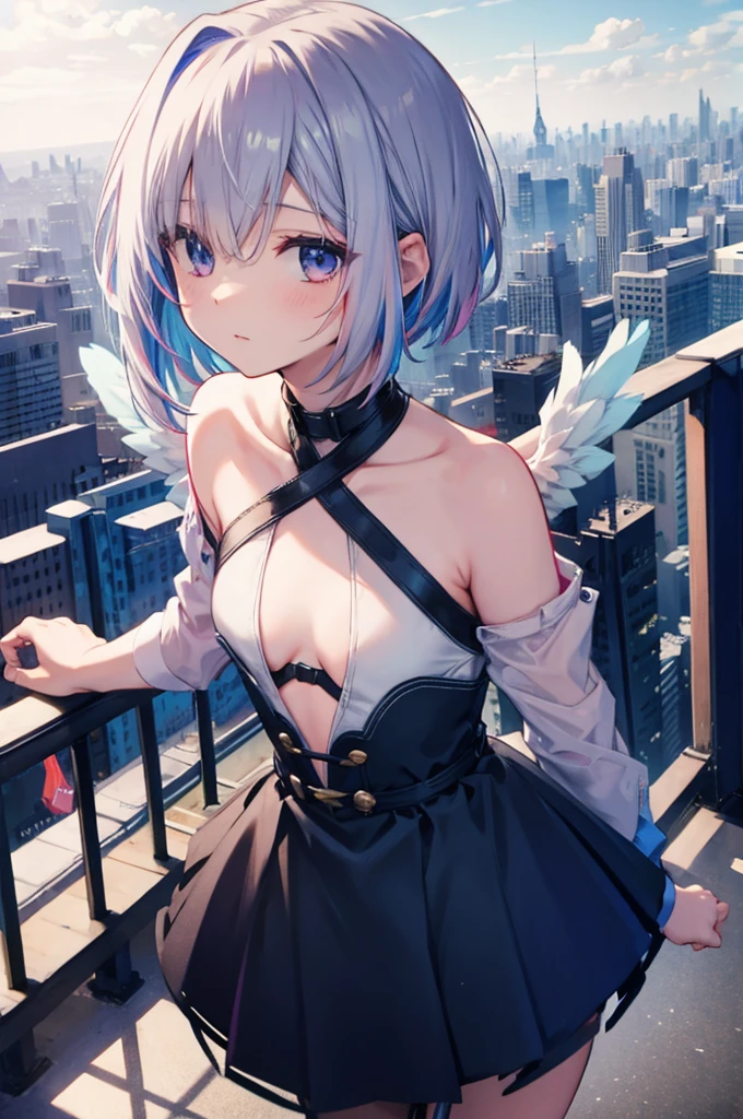 On top of a building、Overlooking the city、A fleeting expression、short hair、Small Wings、Shot from above、Concept Art、masterpiece、high resolution、Small breasts、Dynamic Angles