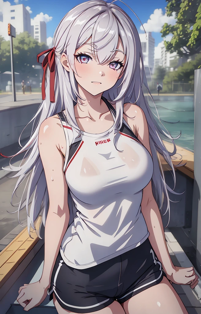 Masterpiece, best quality, highres, highly detailed, 1 girl, long hair, white hair, half - up style hair, red ribbons in right side hair, red eyes, large breast, white tank top, mini shorts, she wet, drenched, nipple perked out from under shirt, wet clothes sticking to her body, outdoor, public park, looking at viewers, perfect finger shape, the number of fingers is not excessive