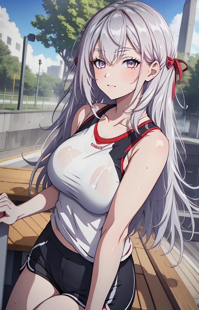 Masterpiece, best quality, highres, highly detailed, 1 girl, long hair, white hair, half - up style hair, red ribbons in right side hair, red eyes, large breast, white tank top, mini shorts, she wet, drenched, nipple perked out from under shirt, wet clothes sticking to her body, outdoor, public park, looking at viewers, perfect finger shape, the number of fingers is not excessive